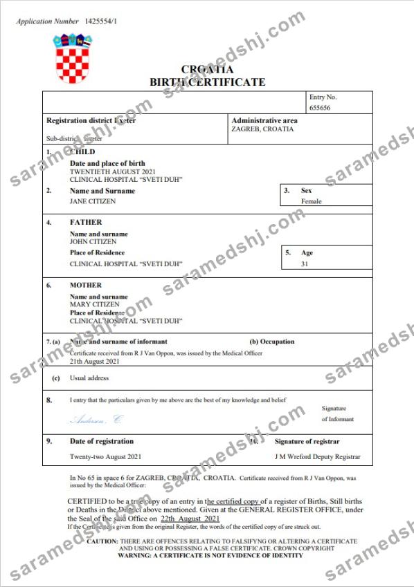 Croatia birth certificate Word and PDF template